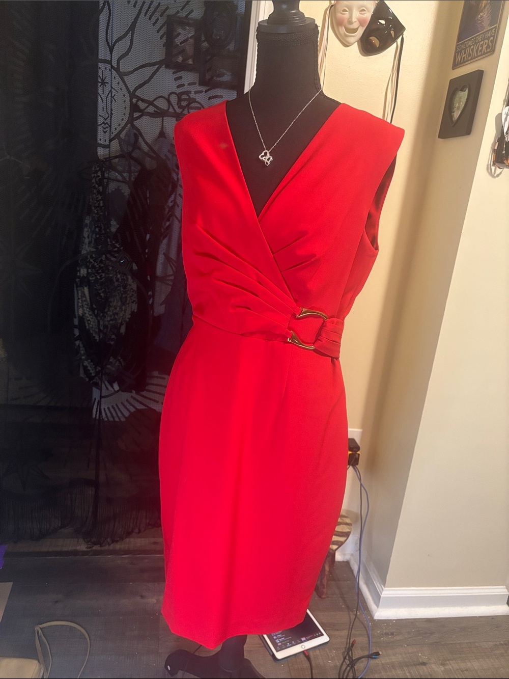 Calvin Klein Red Sleeveless Wrap-Front Midi Dress with Side Buckle